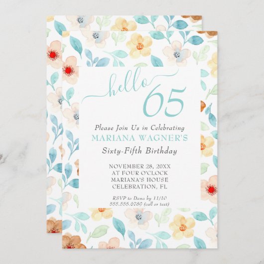 Invitation Jaune Turquoise Floral Élégant Script 65e annivers (Devant / Derrière)