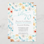 Invitation Jaune Turquoise Floral Élégant Script 70e annivers (Devant / Derrière)