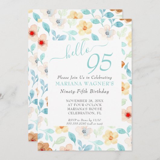 Invitation Jaune Turquoise Floral Élégant Script 95e annivers (Devant / Derrière)
