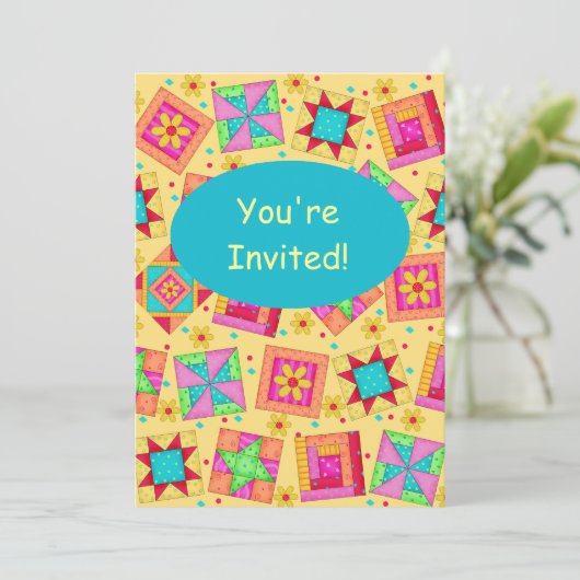 Invitation Jaune & Turquoise Patchwork Quilt Block Art (Debout devant)