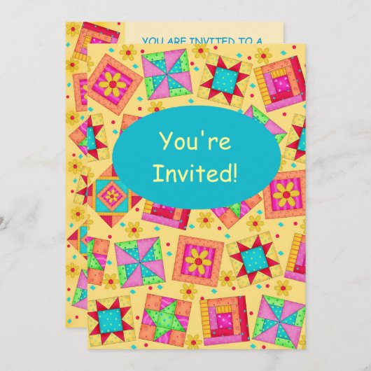 Invitation Jaune & Turquoise Patchwork Quilt Block Art (Devant / Derrière)