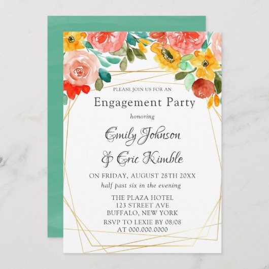 Invitation Jaune Turquoise peint Orange Peony Party (Devant / Derrière)