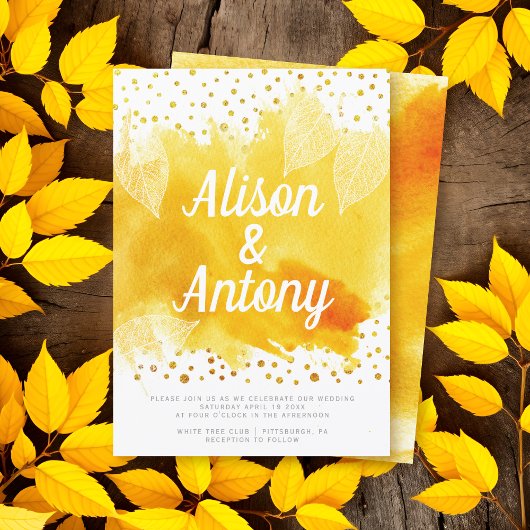 Invitation Jaune typographie or confetti mariage