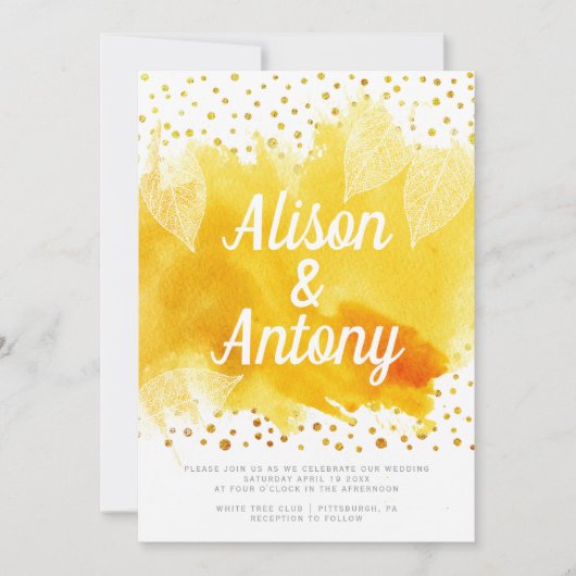 Invitation Jaune typographie or confetti mariage (Devant)