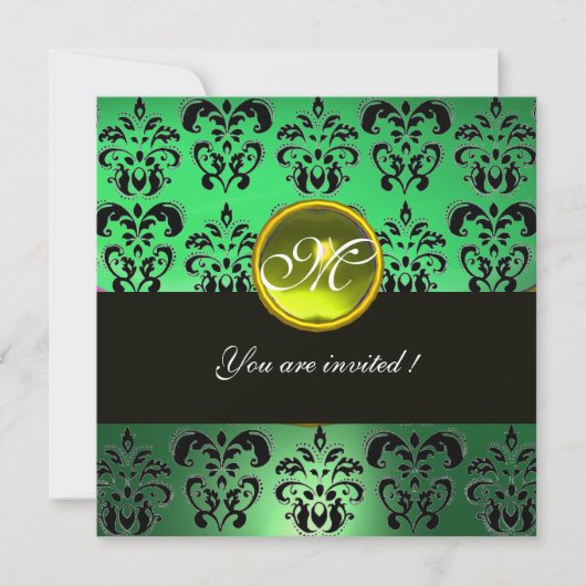 Invitation JAUNE VERT NOIR DAMAS MONOGRAMME, topaze (Devant)