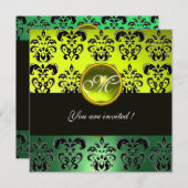 Invitation JAUNE VERT NOIR DAMASSÉ MONOGRAMME, topaze (Devant / Derrière)