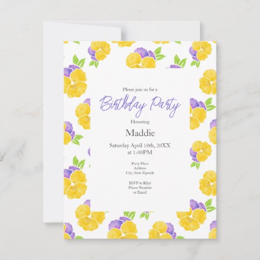Invitation Jaune violet Aquarelle Pansy Motif (Devant)