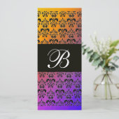 Invitation JAUNE VIOLET BLEU NOIR DAMAS MONOGRAMME, blanc (Debout devant)