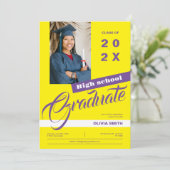 Invitation Jaune & violet moderne Photo Party Graduation (Debout devant)