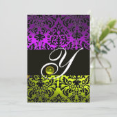 INVITATION JAUNE VIOLET NOIR DAMAS MONOGRAMME TOPAZE (Debout devant)