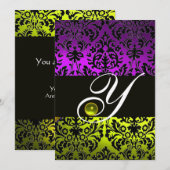 INVITATION JAUNE VIOLET NOIR DAMAS MONOGRAMME TOPAZE (Devant / Derrière)