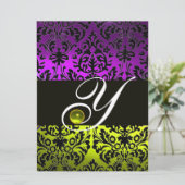 INVITATION JAUNE VIOLET NOIR DAMAS MONOGRAMME TOPAZE (Debout devant)