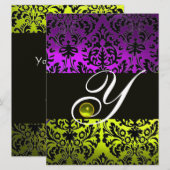INVITATION JAUNE VIOLET NOIR DAMAS MONOGRAMME TOPAZE (Devant / Derrière)