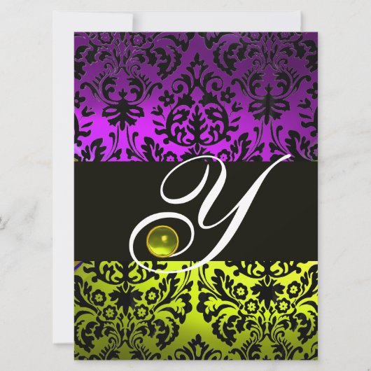 INVITATION JAUNE VIOLET NOIR DAMAS MONOGRAMME TOPAZE (Devant)