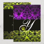 INVITATION JAUNE VIOLET NOIR DAMAS MONOGRAMME TOPAZE (Devant / Derrière)