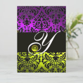 INVITATION JAUNE VIOLET NOIR DAMAS MONOGRAMME TOPAZE (Debout devant)