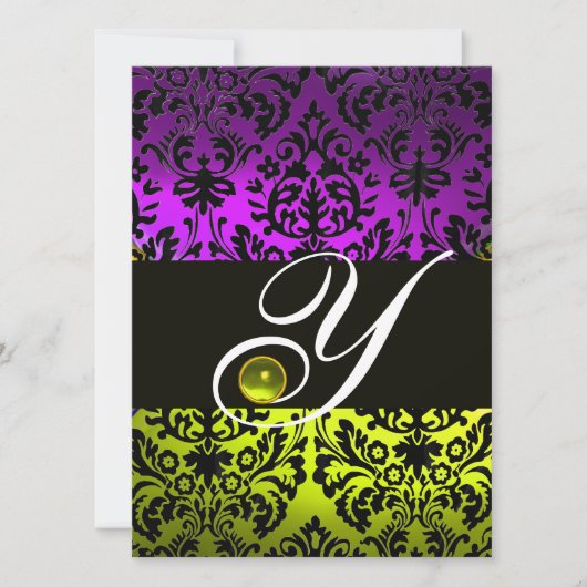 INVITATION JAUNE VIOLET NOIR DAMAS MONOGRAMME TOPAZE (Devant)