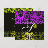 Invitation JAUNE VIOLET NOIR DAMAS MONOGRAMME TOPAZE Or (Devant / Derrière)
