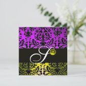 Invitation JAUNE VIOLET NOIR DAMAS MONOGRAMME TOPAZE Or (Debout devant)