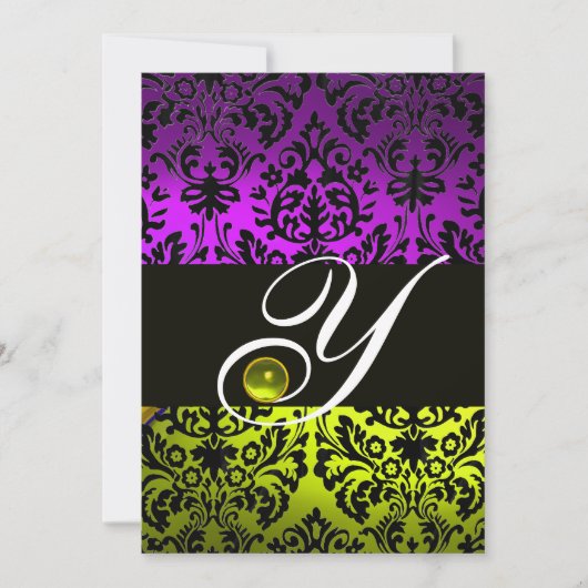 INVITATION JAUNE VIOLET NOIR DAMASQUE MONOGRAMME TOPAZE (Devant)