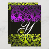 INVITATION JAUNE VIOLET NOIR DAMASQUE MONOGRAMME TOPAZE (Devant / Derrière)