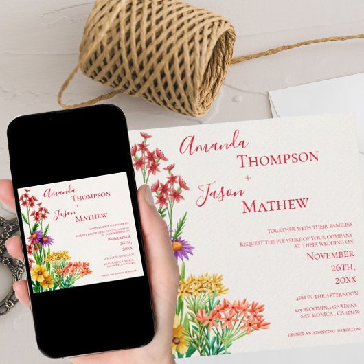 Invitation Jaune violet orange Joli Mariage Fleur sauvage