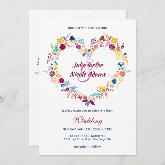 Invitation Jaune violet vert Fleurs de printemps Mariage de c (Devant / Derrière)