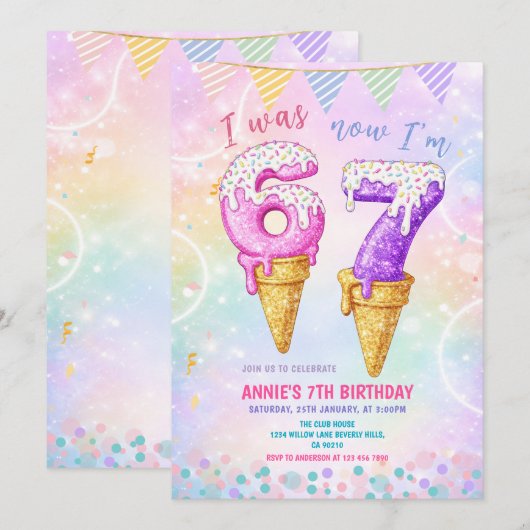 Invitation J'avais 6 ans maintenant 7 ans Cône de glace d'ann (Devant / Derrière)
