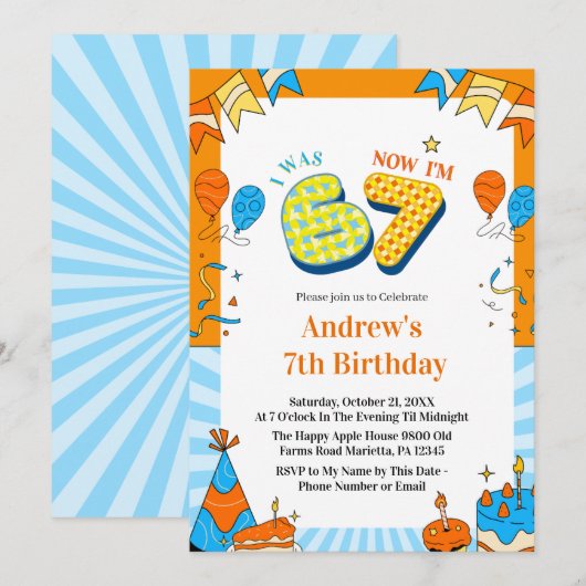 Invitation J'avais 6 ans maintenant j'ai 7 ans Anniversaire c (Devant / Derrière)