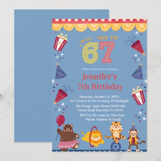 Invitation J'avais 6 ans maintenant j'ai 7 ans Cirque 7ème an (Devant / Derrière)