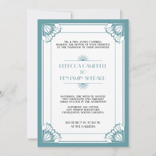 Invitation Jazz age bleu géométrique mariage art déco (Devant)