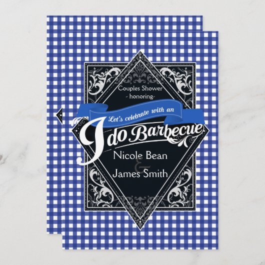 Invitation JE FAIS BARBECUE BBBQ Bleu Blanc À damiers Fiançai (Devant / Derrière)