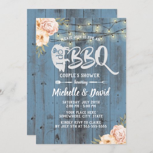 Invitation JE FAIS BBQ Couples Douche Rustique Dusty Blue Flo (Devant / Derrière)