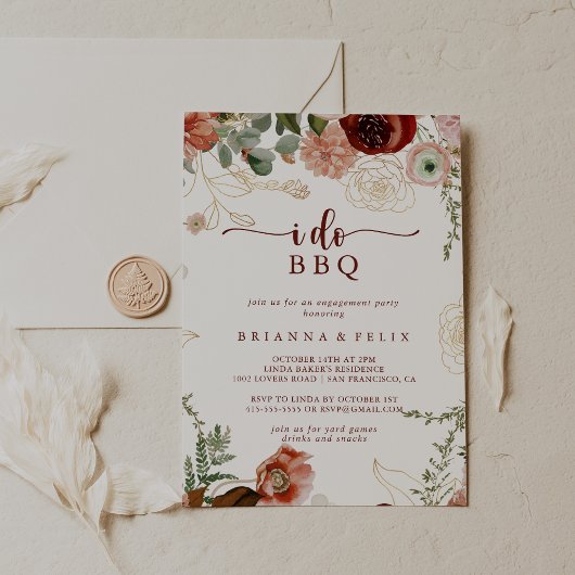 Invitation Je fais BBQ Gold Rustic Floral Engagement Party