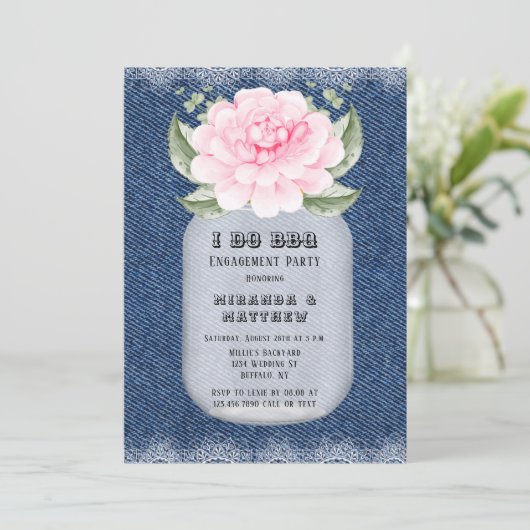 Invitation Je fais BBQ Mason Jar Pink Peony Party (Debout devant)