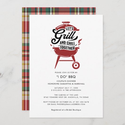Invitation JE FAIS BBQ Rustic Plaid Couples Fiançailles douch (Devant / Derrière)