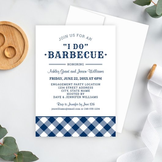 Invitation Je fais du BBQ Navy Blue Gingham Fiançailles