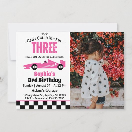 Invitation Je ne peux pas m'attraper Pink Race Car Girl 3e an (Devant)