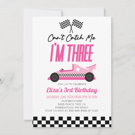 Invitation Je ne peux pas me rattraper Pink Race Car 3e fête (Devant)