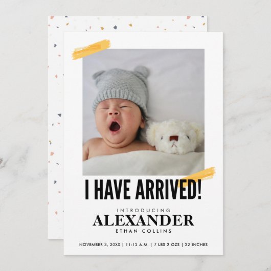 Invitation Je Suis Arrivé Photo Moderne Naissance De Bébé  (Devant / Derrière)