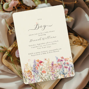 Invitation Je suis un garçon ! Moderne, Fleur sauvage, Baby s