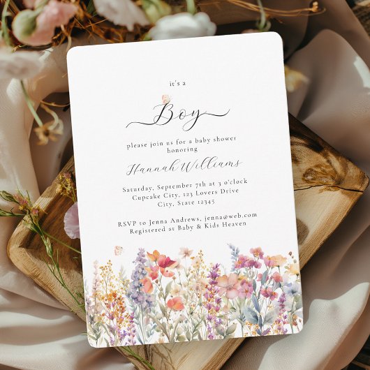 Invitation Je suis un garçon ! Moderne, Fleur sauvage, Baby s