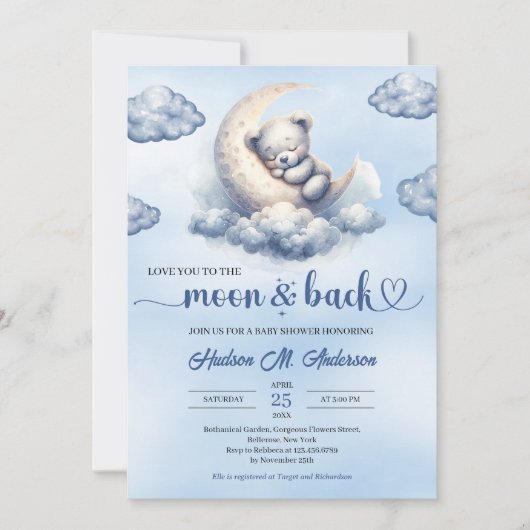 Invitation Je t'aime à la lune et l'ours en peluche (Devant)