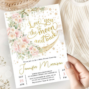 Invitation Je t'aime jusqu'à la lune Baby Shower Fille Rose O