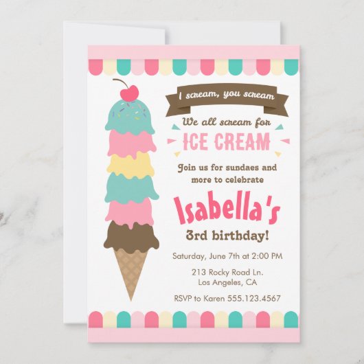 Invitation Je vous crie "Glace Cream Birthday Invitation" (Devant)