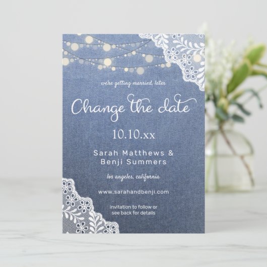 Invitation Jean Lace & String Lights Mariage Modifier la date (Debout devant)