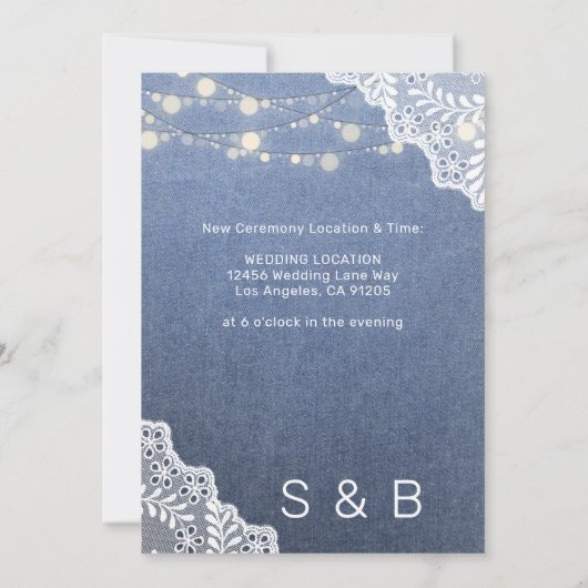 Invitation Jean Lace & String Lights Mariage Modifier la date (Dos)