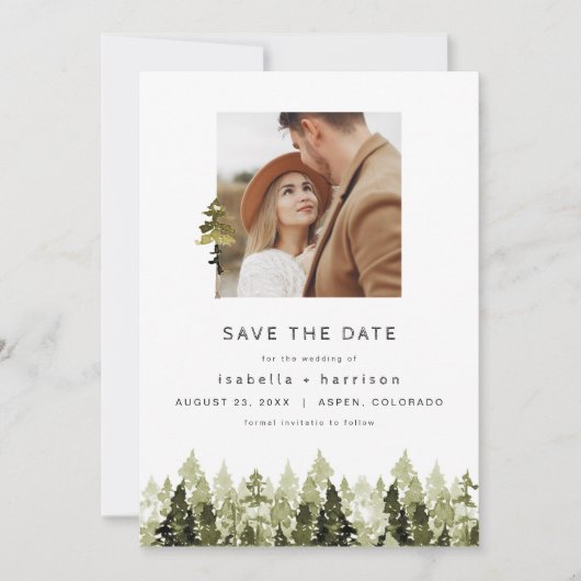 Invitation JENNA Rustic Pine Tree photo Enregistrer la date (Devant)