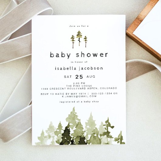 Invitation JENNA Rustic Watercolor Pine Tree Baby shower