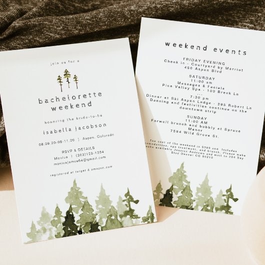 Invitation JENNA Rustique Aquarelle Pine Bachelorette